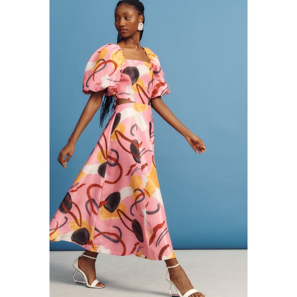 Aureta Anthropologie Studio Printed Puff Sleeve Maxi Cut Out Dress Pink Abstract